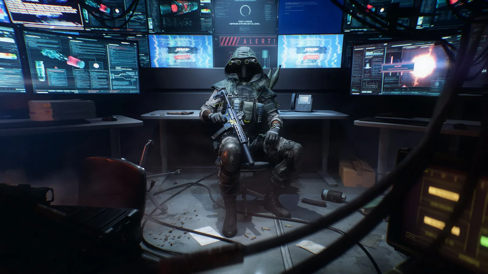 Hooded soldier with a rifle seated in a dark control room lined with alert-filled monitors